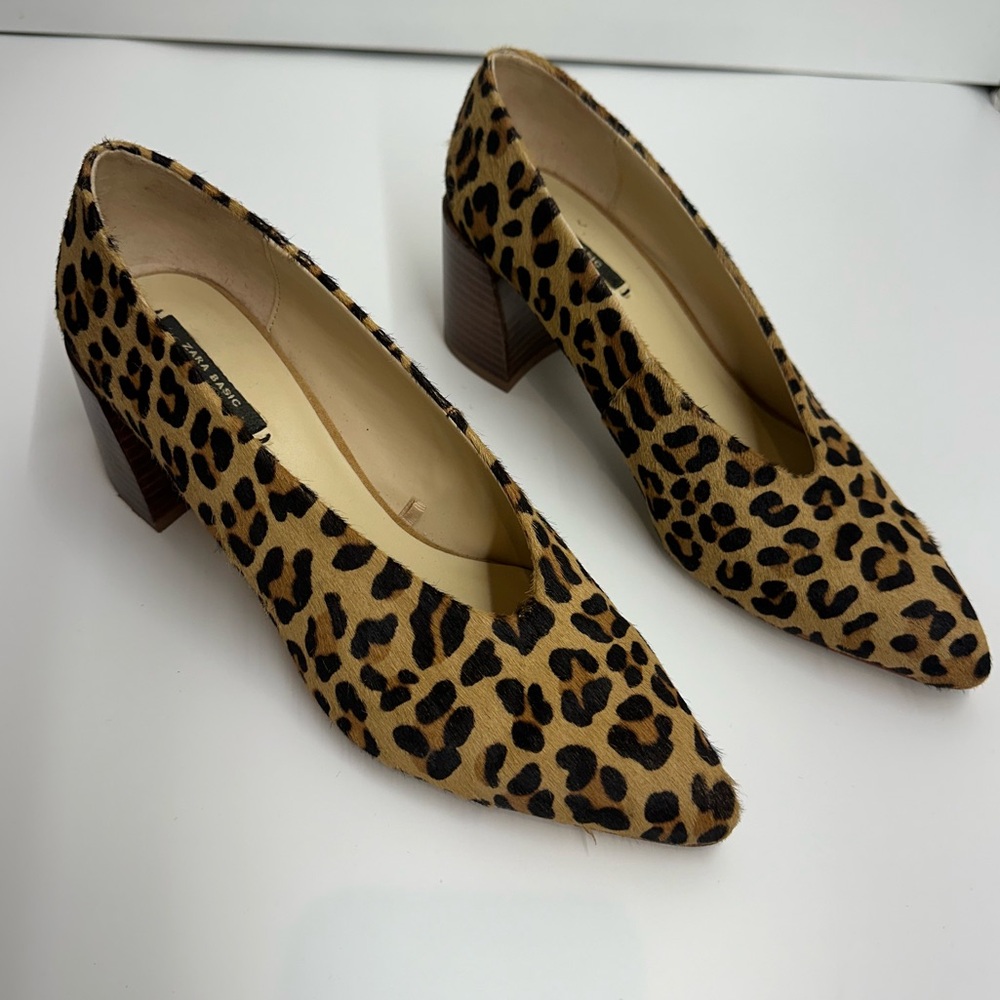 Zara Leopard Print Block Heel Pumps - Tan, Black - Picture 3 of 15